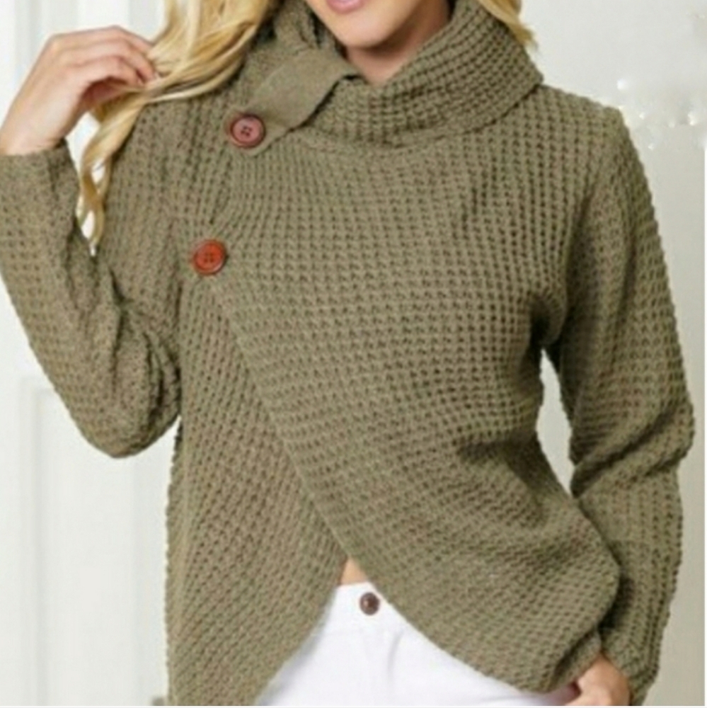 Olive Tulip Hem Overlapping Cowl Neck Sweater